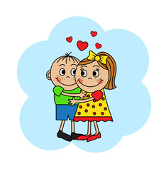 Cartoon couple in love, boy and girl hugging