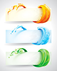 Set of fire, water and green elements banner background.