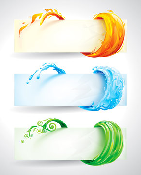 Set Of Fire, Water And Green Elements Banner Background.