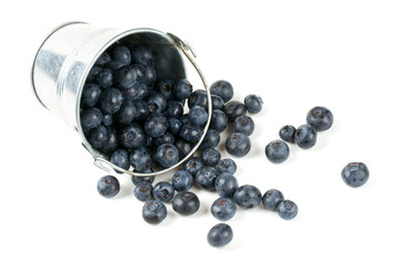 fresh blueberries in a bucket over white