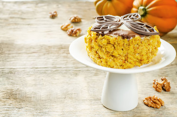 pumpkin cheesecake with chocolate and walnuts