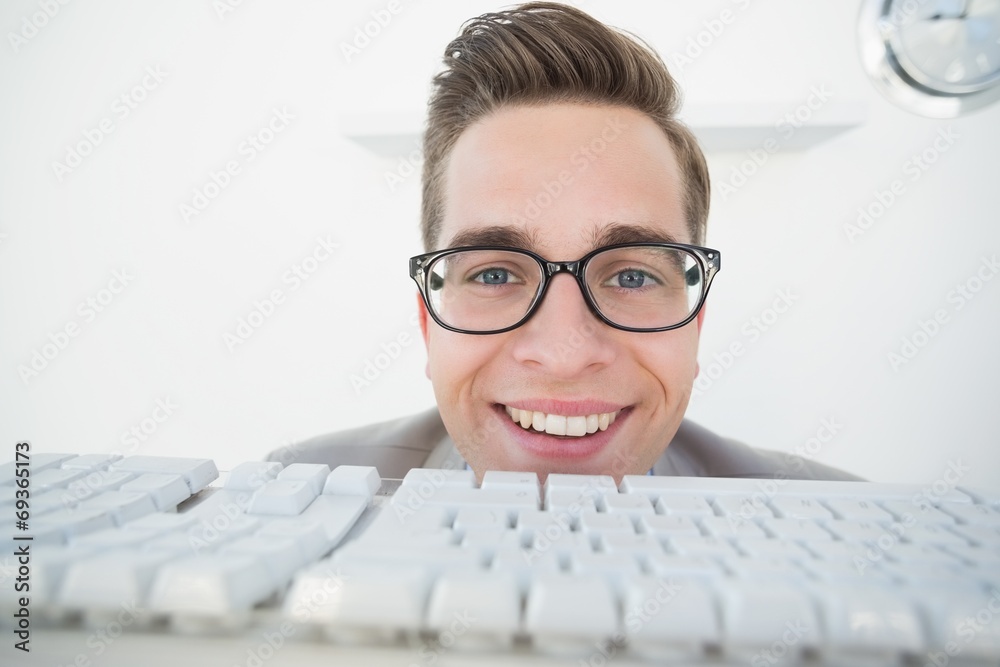 Poster Smiling businessman working on computer