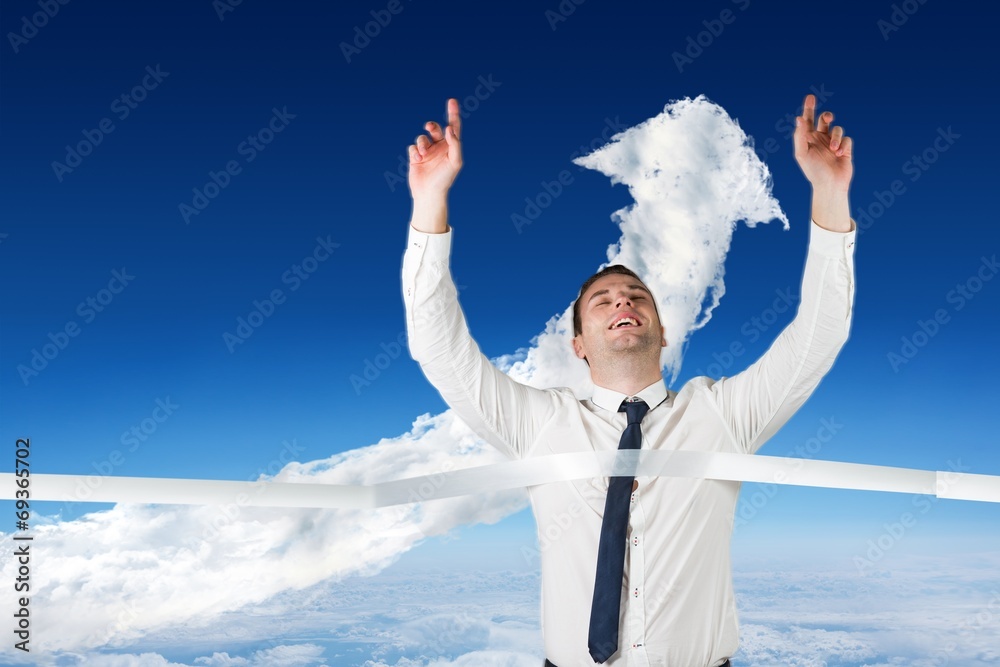 Poster composite image of smiling businessman crossing finishing line