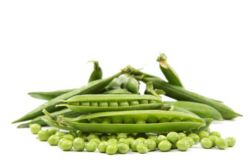 Fresh sweet green pea pod on white background.