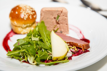 Appetizer of Pate Sliced Pear and Greens