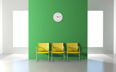 Three yellow chairs and wall clock in the waiting room
