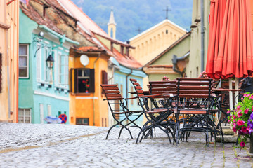 typical street cafe bar, Sighisoara, Romania