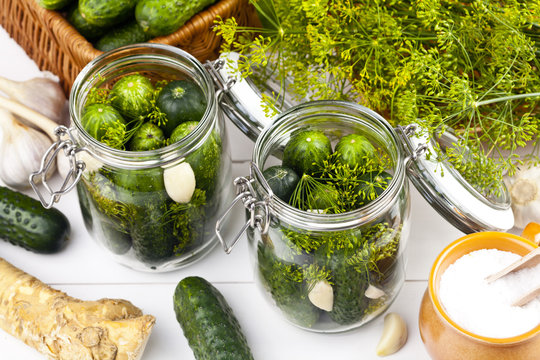 Homemade pickles in brine with garlic, dill and horseradish