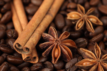 Obraz na płótnie Canvas Cinnamon sticks, star anise and coffee beans