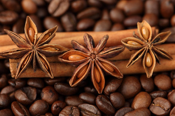 Cinnamon sticks, star anise and coffee beans