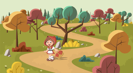 Naklejka premium Cute cartoon little red riding hood in the wood