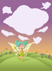 Cute cartoon fairy girl on colorful nature background