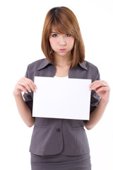 Naklejka premium Business woman holding a banner, board, blank card for text spac