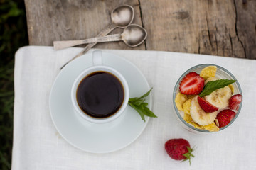 coffee and dessert with fruits