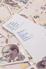 expense list in turkish on turkish liras