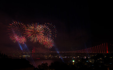 fireworks over bridge in Istanbul, Turkey