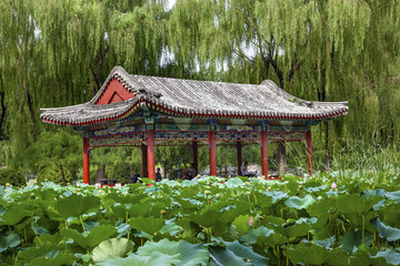 Red Pavilion Lotus Garden Temple of Sun City Park Beijing China