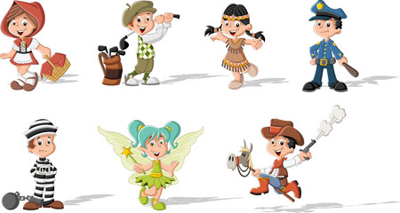 Obraz premium Group of cartoon kids wearing different costumes