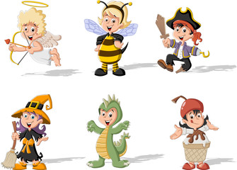 Group of cartoon kids wearing different costumes