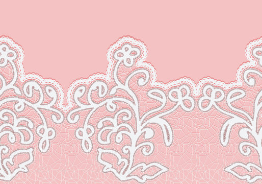 Seamless lace border with flowers. White lace on a pink