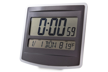 Modern alarm clock isolated en white background.