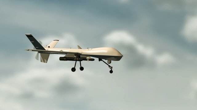 an armed predator drone in flight on the camera