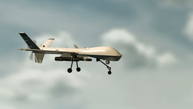 armed predator drone in flight with kammera shake