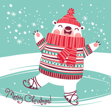 Christmas card with cute polar bear on an ice rink.