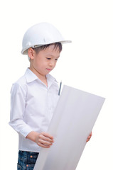 Little smiling builder in helmet. Isolated on a white background