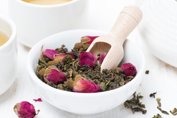 green tea with rosebuds, close-up