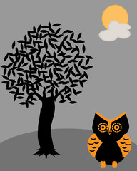 Owl with dark tree and full moon