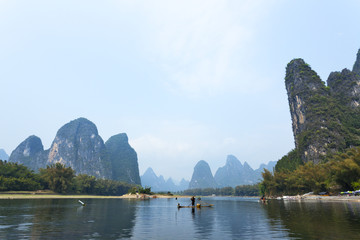 Li River scenery sight with fog in spring, Guilin, China