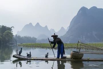 Tafelkleed Aalscholver, visman en Li River-landschapsgezicht met mist in sprin © cchfoto