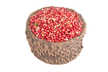 Fototapeta na wymiar berries a cowberry in the old basket isolated on white backgroun