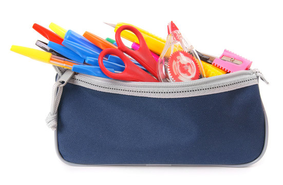 Bag with school tools on a white background.