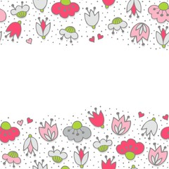 różowe szare kwiaty i kropki poziomy border na białym tle