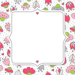 różowe szare kwiaty i kropki deseń z retro ramką na białym tle
