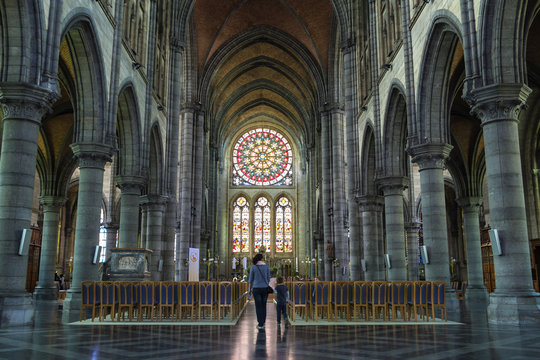 Catholic church interior stained-glass, Arlon, Belgium