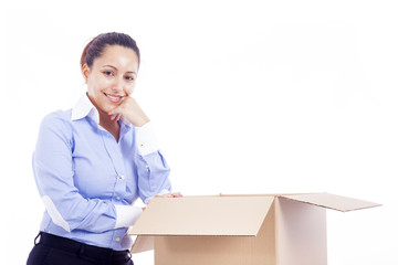 Woman standing with a cardboard box, isolated on white