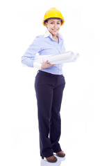 Female engineer holding blueprints, isolated on white
