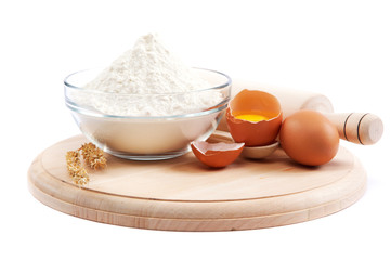 Flour, eggs, pasta, baking ingredients for cooking.