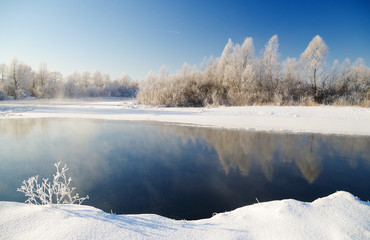 winter scene with river background.