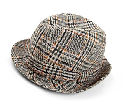 grey checked trilby hat isolated on a white
