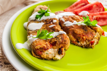 Vegetarian Stuffed Fried Peppers, Topped With Garlic Sauce