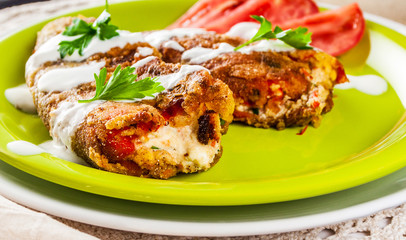 Vegetarian Stuffed Fried Peppers, Topped With Garlic Sauce
