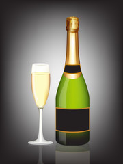 Champagne bottle and champagne glass on black