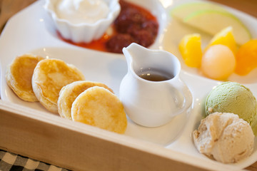 Pancake with icecream and fruit