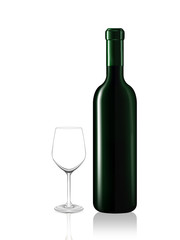 Wine bottle and emtry glass on white