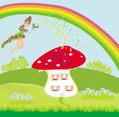 funny cartoon mushroom house and beautiful fairy