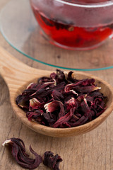 Hibiscus tea on wooden surface